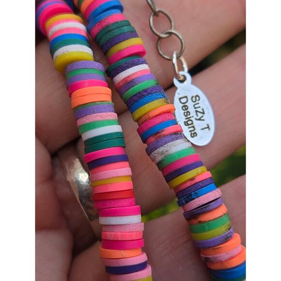 Multi Color Puka Shell Necklace w/Pave Diamond, Sterling Silver & White Enamel - Picture 4 of 10